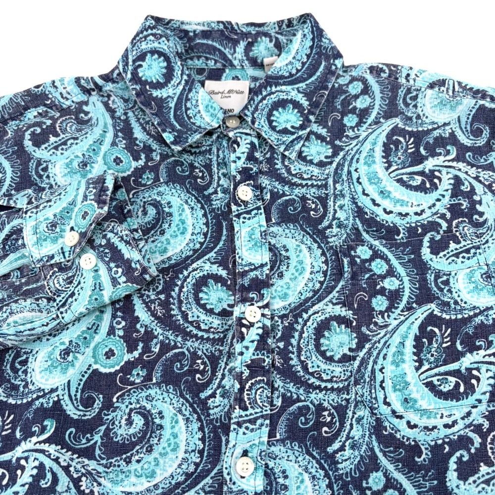 Murano Mens Baird McNutt Linen Paisley Button Down Shirt Blue Teal Medium